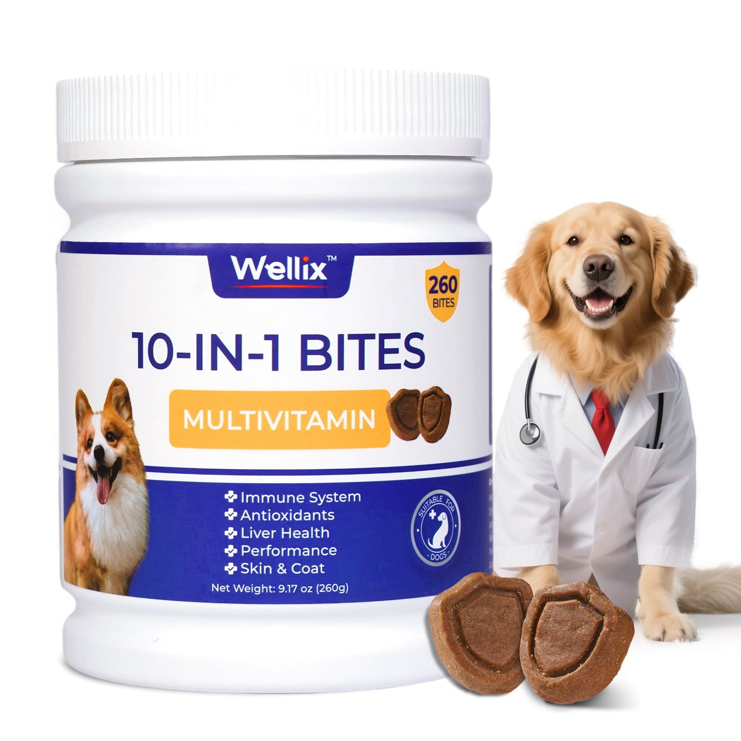 Wellix 10-in-1 Dog Vitamins - Multivitamin Supplement for Immune Support, Hip & Joint, Skin & Coat, Liver & Gut Health - Antioxidant Dog Supplement - 260 Bites