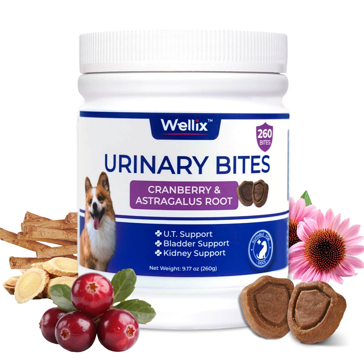 Wellix Urinary Bites for Dogs – 260 Count with Cranberry & D-Mannose for Urinary, Bladder & Kidney Support