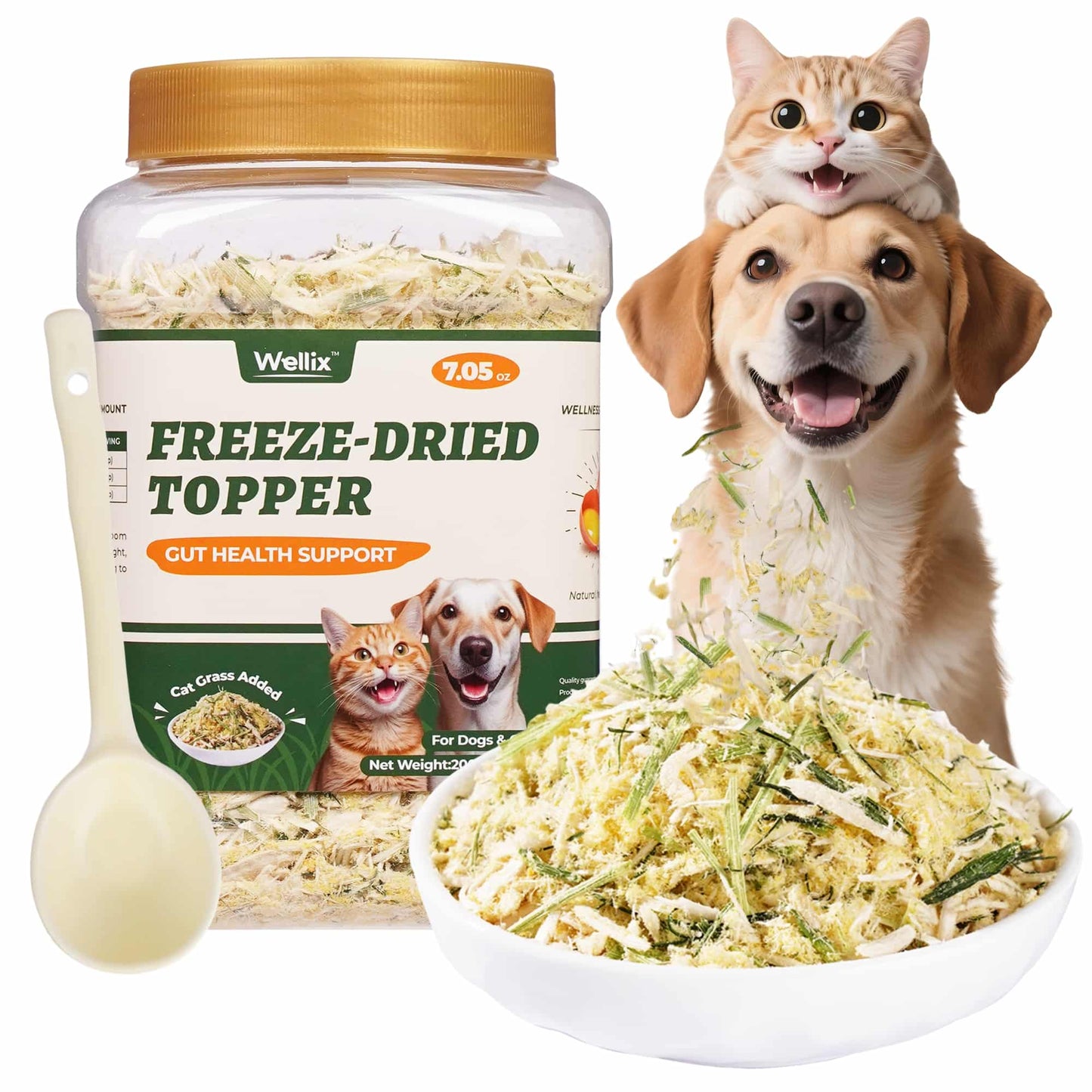 Wellix Cat Grass Topper for Cats & Dogs – 7.05oz Freeze-Dried Chicken, Egg Yolk & Cat Grass, Low-Calorie, Supports Hairball Control & Gut Health