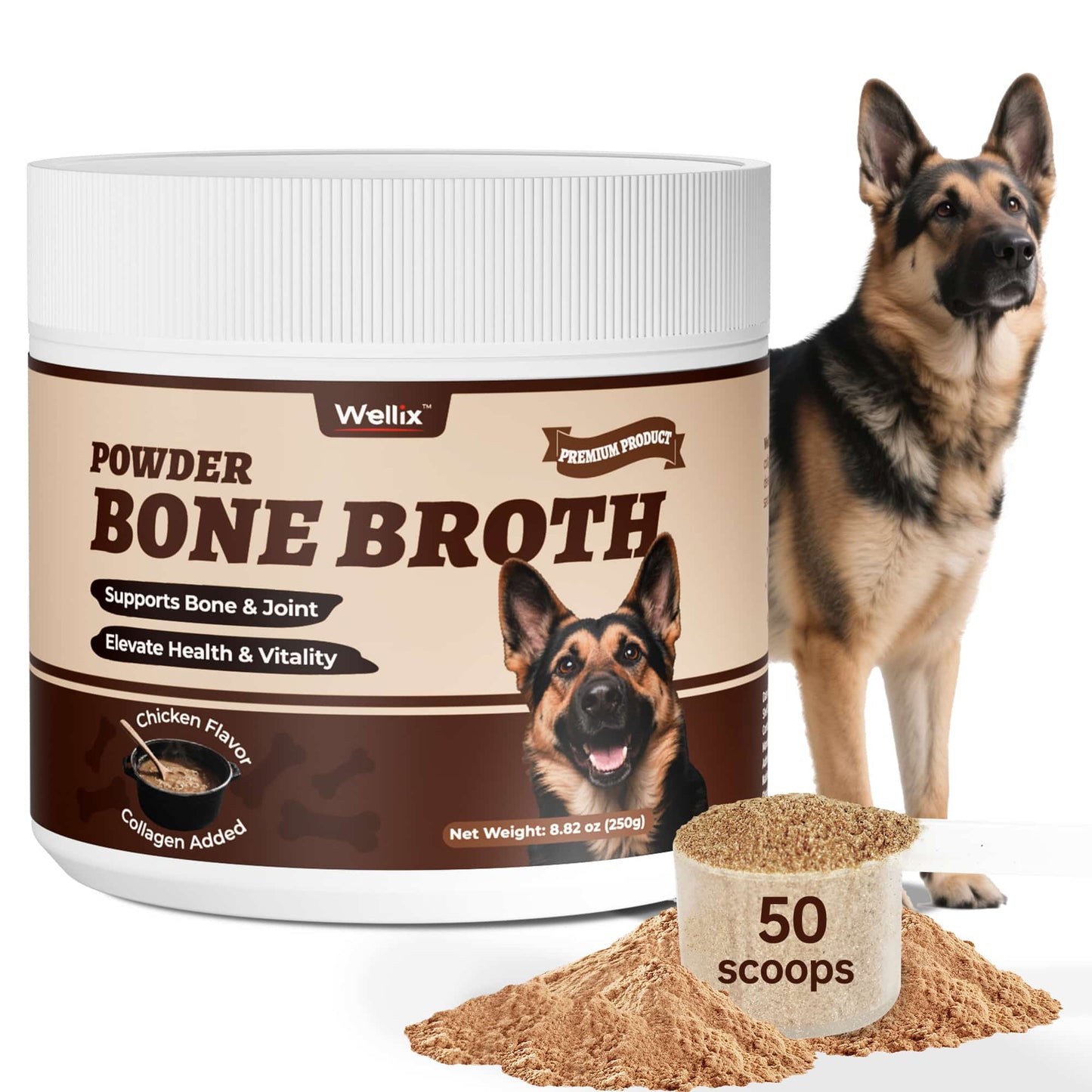 Wellix Bone Broth Powder for Dogs & Cats – 8.8oz Dog Food Toppers with Chondroitin and Collagen for Joint & Gut Health