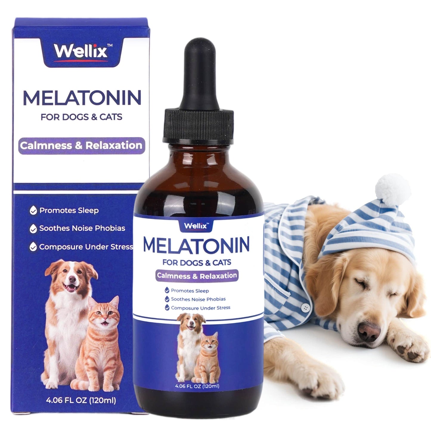 Wellix Bacon-Flavored Liquid Melatonin Drops for Dogs & Cats – 4 oz Calming Aid for Sleep, Stressful Events, Travel & Grooming