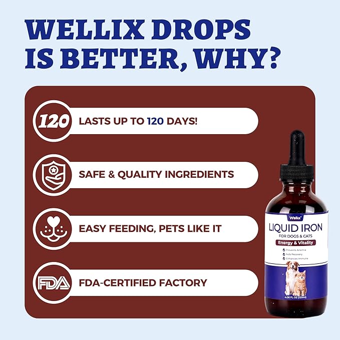Suplemento líquido de hierro de 4 oz para gatos y perros con vitamina B12 y vitamina C, apoya niveles saludables de hemoglobina, suplemento para el bienestar de mascotas preñadas, gatitos y cachorros