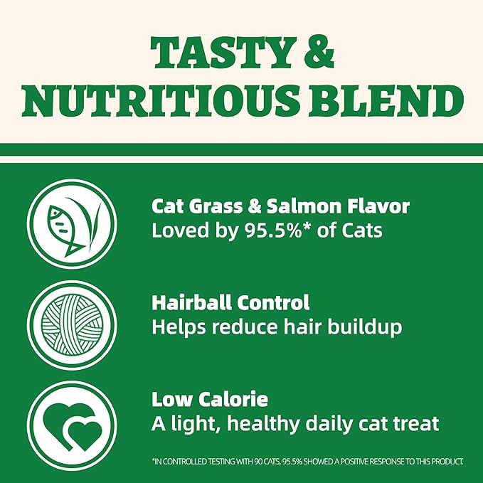 Wellix 13.05oz Cat Grass Treats with Catnip & Salmon - Healthy Cat Cats - Hairball Control & Digestive Support - Kittens Training Snacks for Teeth Cleaning