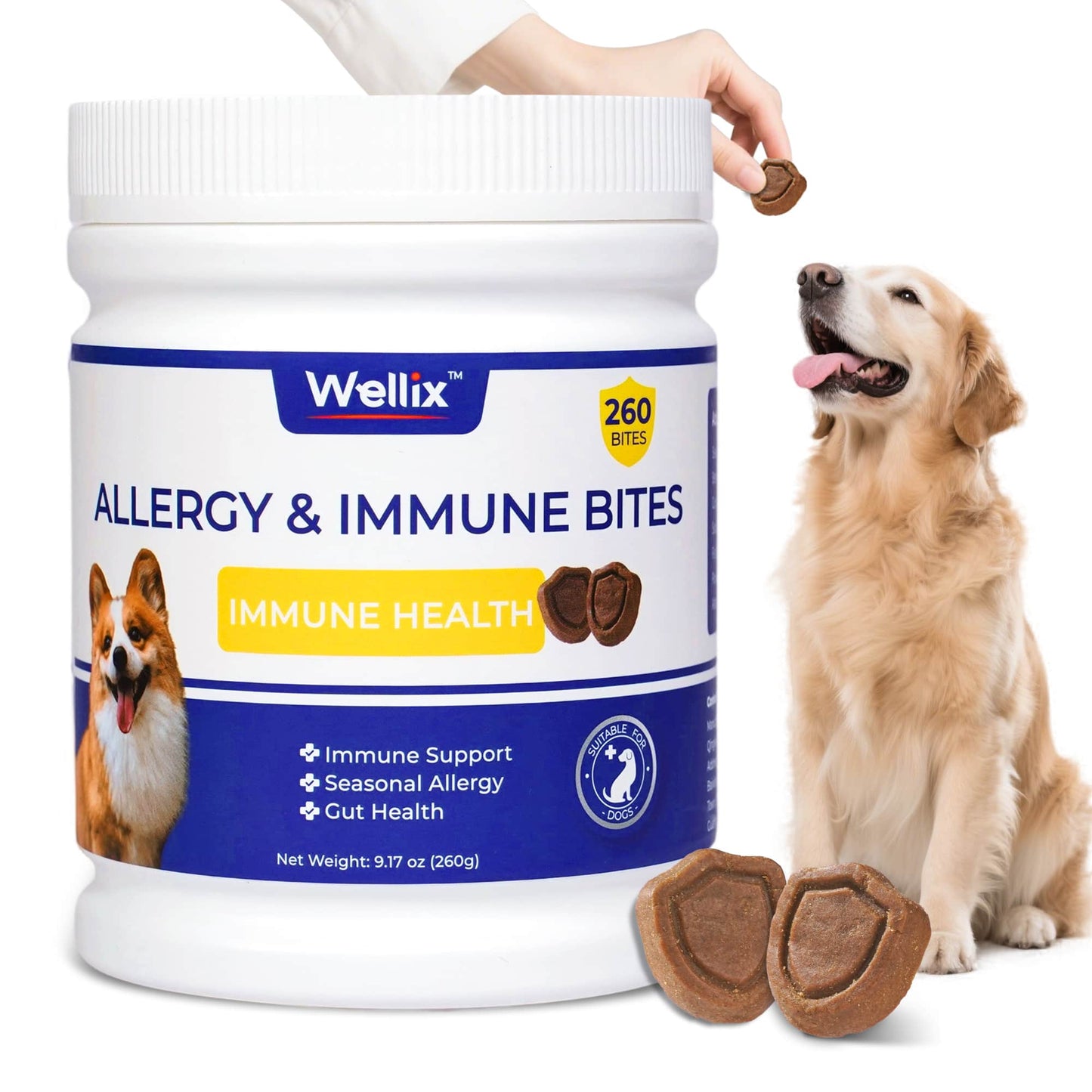 Wellix Dog Allergy & Immune Bites – 260 Counts Natural Ingredient Chews to Strengthen Immunity, Promote Shiny Coat, Relieve Itch & Redness