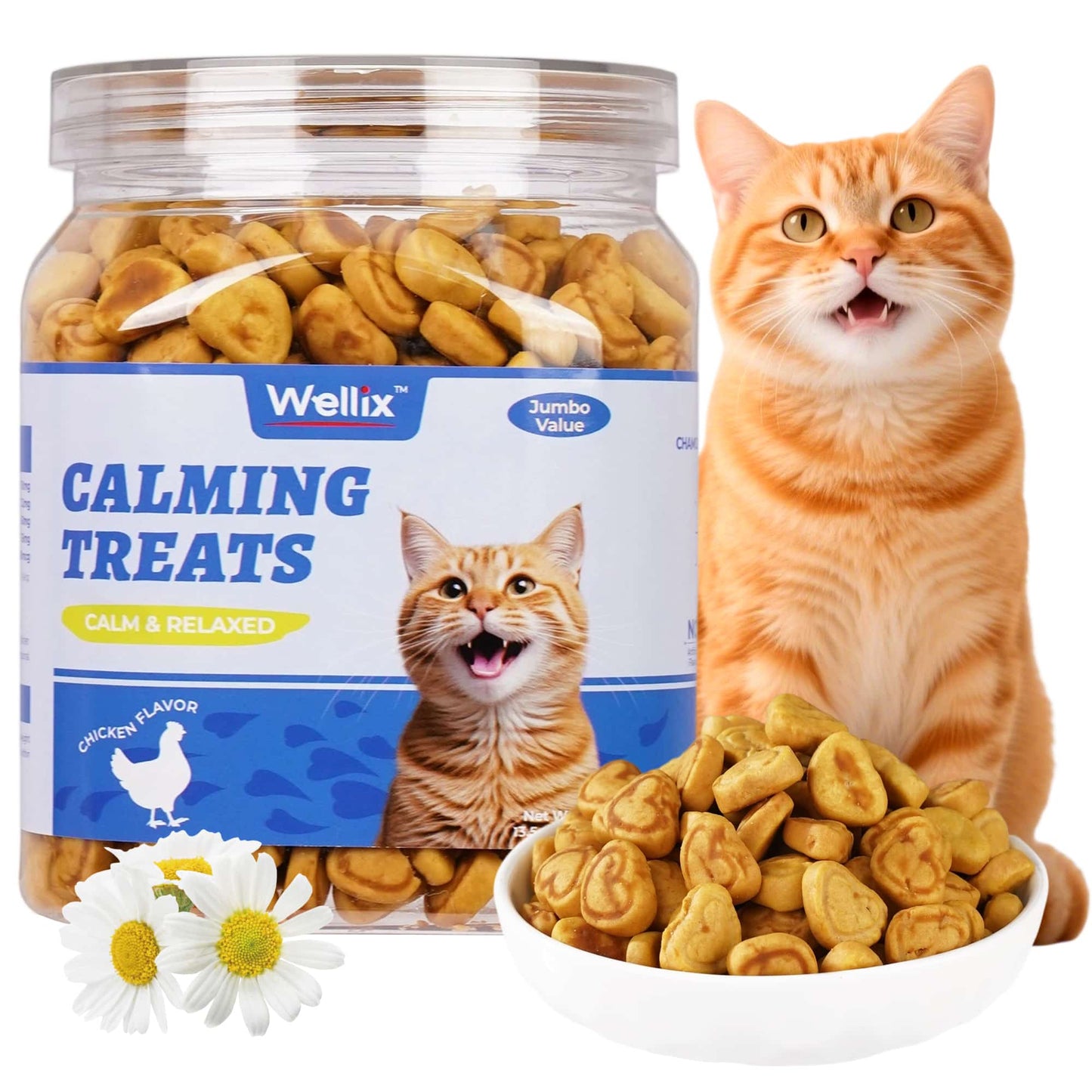 Wellix Calming Treats for Cats – 13.5oz Chicken-Flavored with Chamomile & Melatonin, Aids Relaxation & Anxiety Relief for Indoor Cats & Kittens