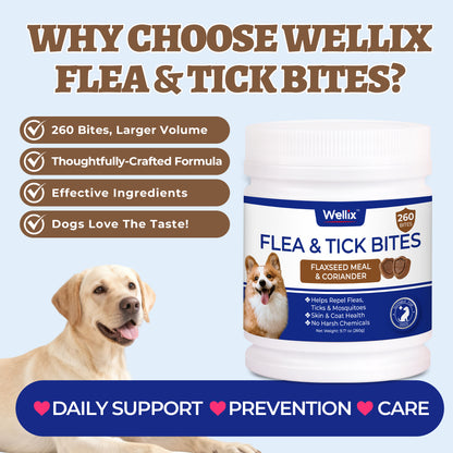 Wellix Flea & Tick Support Bites for Dogs, Flaxseed Meal & Coriander Soft Chews with Brewer’s Yeast, Colostrum & Perilla Seed Extract, Skin & Coat Support, 260 Bites, 9.17 oz