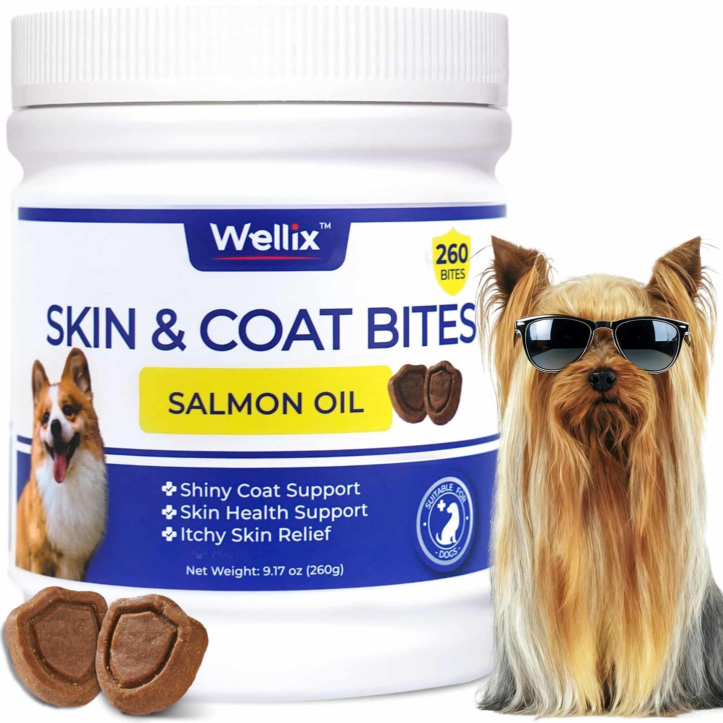 Wellix Dog Skin and Coat Supplement - Omega 3 Fish Oil for Dogs - Supports Skin & Coat, Itching Relief & Anti-Shedding - Tasty Allergy Chews - 260 Bites