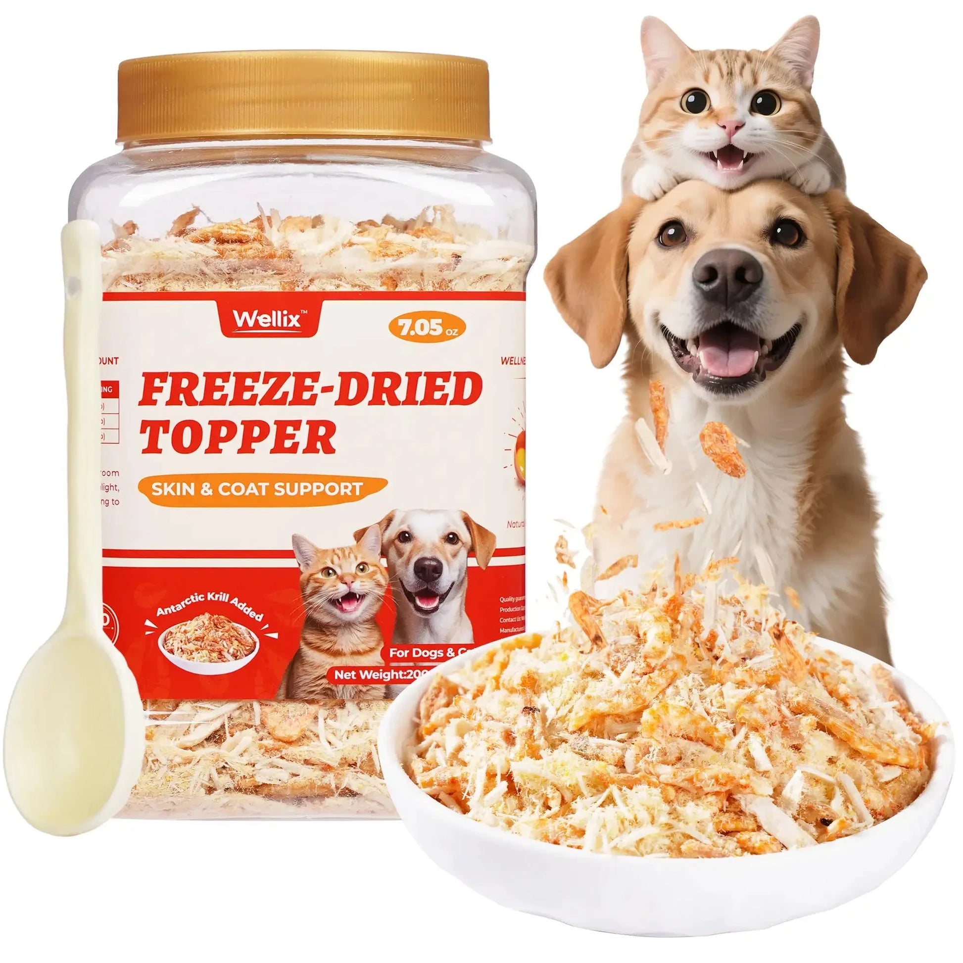 Wellix Antarctic Krill Topper for Cats & Dogs – 7.05 oz Freeze Dried Krill, Egg Yolk & Chicken Formula, Low-Calorie, for Cognitive, Skin & Coat Health