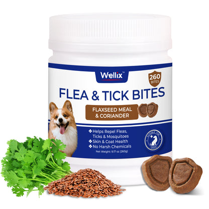 Wellix Flea & Tick Support Bites for Dogs, Flaxseed Meal & Coriander Soft Chews with Brewer’s Yeast, Colostrum & Perilla Seed Extract, Skin & Coat Support, 260 Bites, 9.17 oz