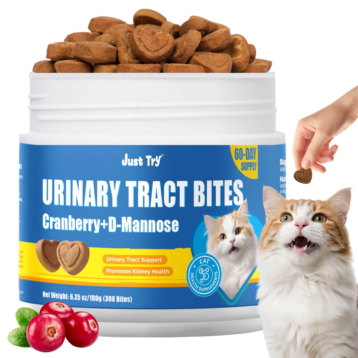 JUSTTRY Cat Urinary Tract Bites Cat Supplements – Cranberry & D-Mannose, Grain-Free Natural Snacks for Urinary Health & Cat Kidney Support, 6.35oz, 300 Bites