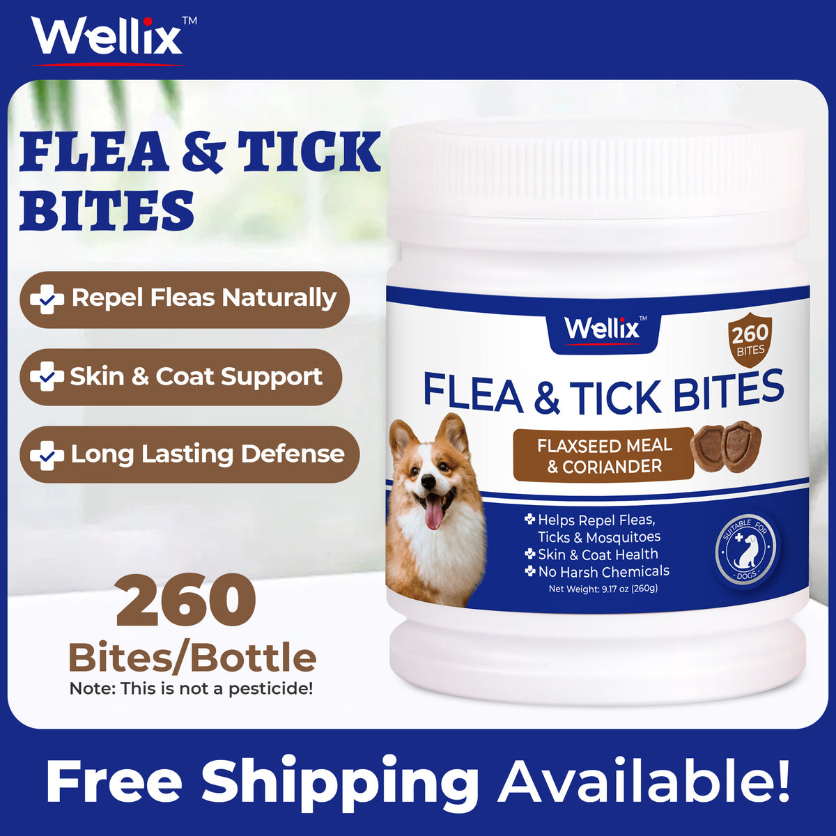 Wellix Flea & Tick Support Bites for Dogs, Flaxseed Meal & Coriander Soft Chews with Brewer’s Yeast, Colostrum & Perilla Seed Extract, Skin & Coat Support, 260 Bites, 9.17 oz