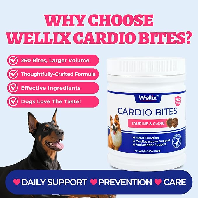 Wellix Cardio Bites para Perros, 260 Unidades | Masticables Suaves con CoQ10, Taurina, Aceite de Pescado y L-Carnitina | Apoyo Cardiovascular Diario