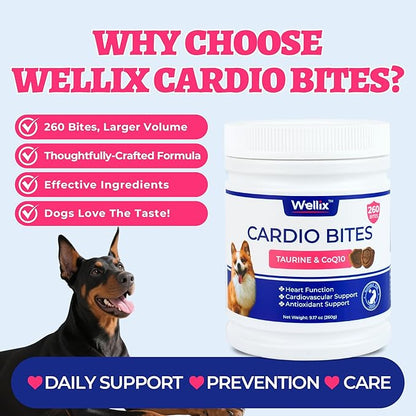 Wellix Cardio Bites para Perros, 260 Unidades | Masticables Suaves con CoQ10, Taurina, Aceite de Pescado y L-Carnitina | Apoyo Cardiovascular Diario
