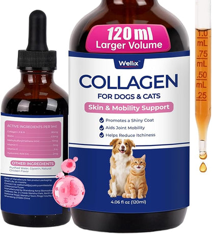 Colágeno Líquido Premium Grande de 118 ml para Perros y Gatos | Soporte para Piel y Pelaje, Defensa del Pelaje, Alivio de la Picazón, Suplemento para Caderas y Articulaciones | Gotas de Colágeno Alimentado con Pasto con Biotina, MSM, Vitamina C y E
