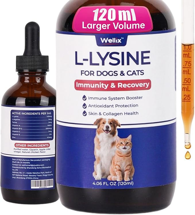 Wellix Gotas de L-Lisina para Perros y Gatos – 4 oz Sabor Pollo, Apoya el Bienestar Inmunológico y Respiratorio, Bienestar Ocular