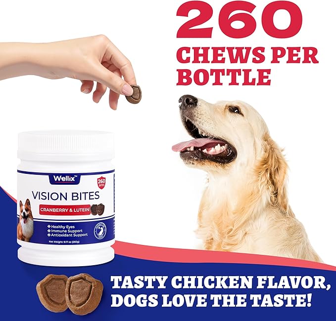 Masticables Wellix Dog Vision – 260 unidades con arándano rojo, luteína y taurina para el apoyo contra las manchas de lágrimas y la salud ocular