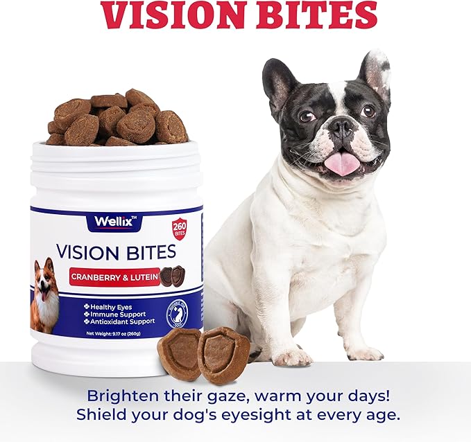 Masticables Wellix Dog Vision – 260 unidades con arándano rojo, luteína y taurina para el apoyo contra las manchas de lágrimas y la salud ocular