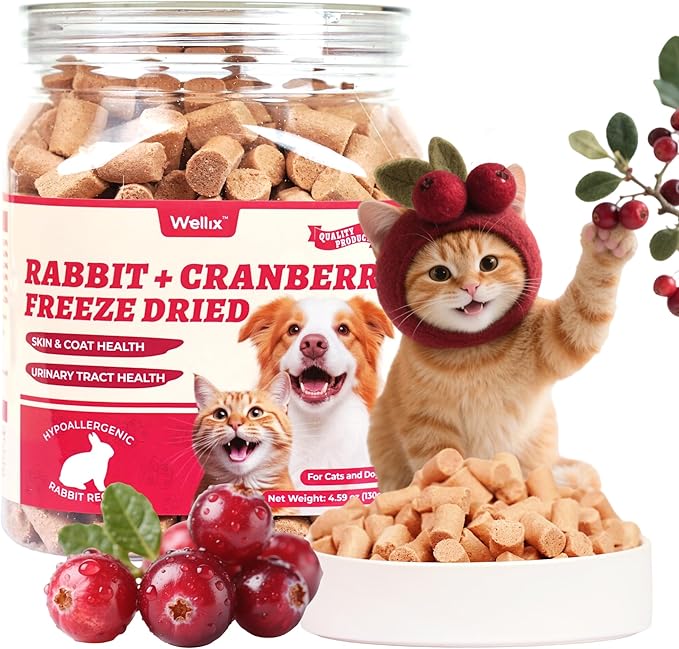 Wellix Rabbit & Cranberry Freeze-Dried Treats for Cats & Dogs | Hypoallergenic Grain-Free Recipe 3.5 oz