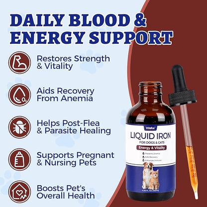 Suplemento líquido de hierro de 4 oz para gatos y perros con vitamina B12 y vitamina C, apoya niveles saludables de hemoglobina, suplemento para el bienestar de mascotas preñadas, gatitos y cachorros