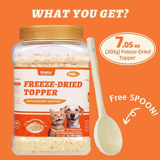 Wellix Salmon Roe Topper for Cats & Dogs, 7.05 oz, Freeze-Dried Formula with Salmon Roe, Egg Yolk & Chicken, Natural Omega-3 Source, Supports Skin & Coat Health