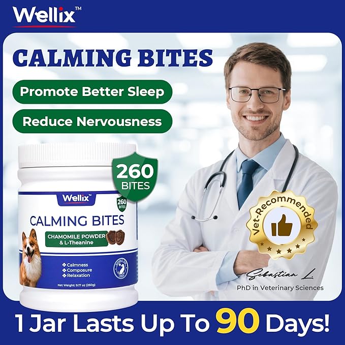 Wellix Calming Bites para Perros, 260 Unidades | Masticables Suaves con Melatonina y L-Teanina | Soporte para la Calma en Situaciones Diarias