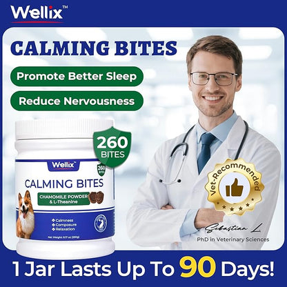 Wellix Calming Bites para Perros, 260 Unidades | Masticables Suaves con Melatonina y L-Teanina | Soporte para la Calma en Situaciones Diarias