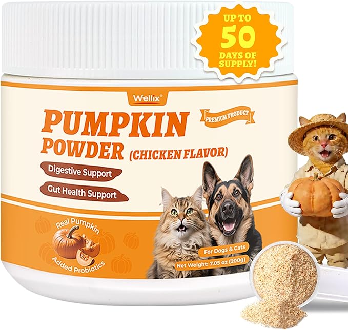 Wellix Calabaza en Polvo para Perros y Gatos – Suplemento de Fibra para el Bienestar Digestivo, el Soporte Intestinal y la Salud Intestinal