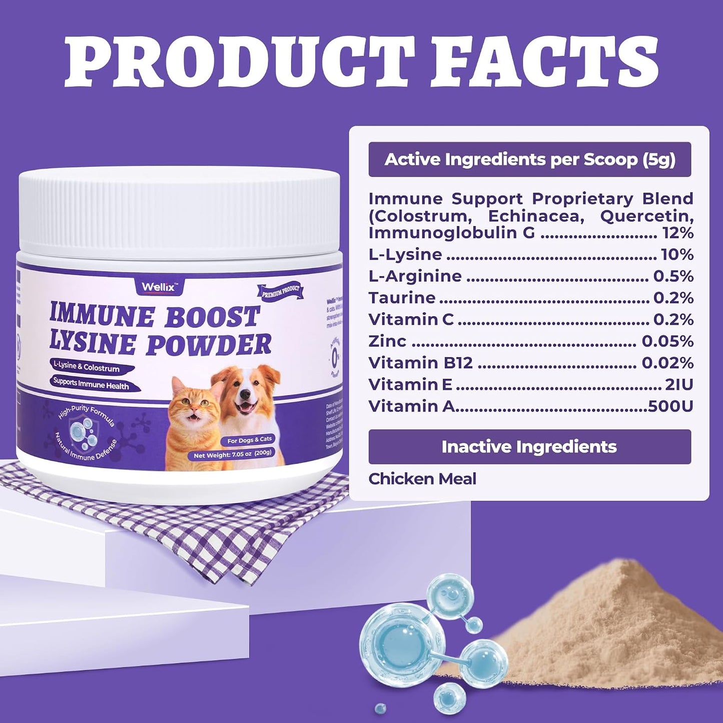 Wellix L-Lysine Powder for Cats & Dogs – Immune Support with Colostrum & Quercetin, 7.05 oz