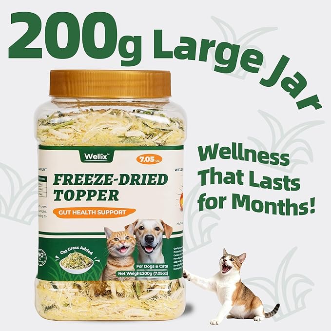 Wellix Cat Grass Topper for Cats & Dogs – 7.05oz Freeze-Dried Chicken, Egg Yolk & Cat Grass, Low-Calorie, Supports Hairball Control & Gut Health