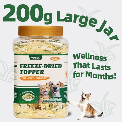 Wellix Cat Grass Topper for Cats & Dogs – 7.05oz Freeze-Dried Chicken, Egg Yolk & Cat Grass, Low-Calorie, Supports Hairball Control & Gut Health