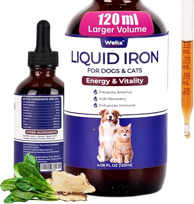 Suplemento líquido de hierro de 4 oz para gatos y perros con vitamina B12 y vitamina C, apoya niveles saludables de hemoglobina, suplemento para el bienestar de mascotas preñadas, gatitos y cachorros