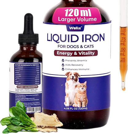 Suplemento líquido de hierro de 4 oz para gatos y perros con vitamina B12 y vitamina C, apoya niveles saludables de hemoglobina, suplemento para el bienestar de mascotas preñadas, gatitos y cachorros