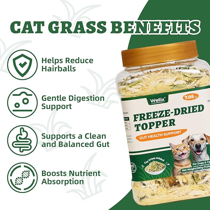 Wellix Cat Grass Topper for Cats & Dogs – 7.05oz Freeze-Dried Chicken, Egg Yolk & Cat Grass, Low-Calorie, Supports Hairball Control & Gut Health
