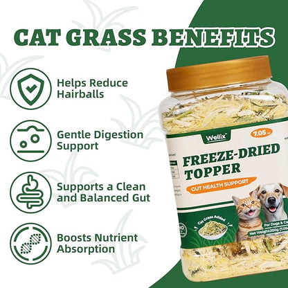 Wellix Cat Grass Topper for Cats & Dogs – 7.05oz Freeze-Dried Chicken, Egg Yolk & Cat Grass, Low-Calorie, Supports Hairball Control & Gut Health