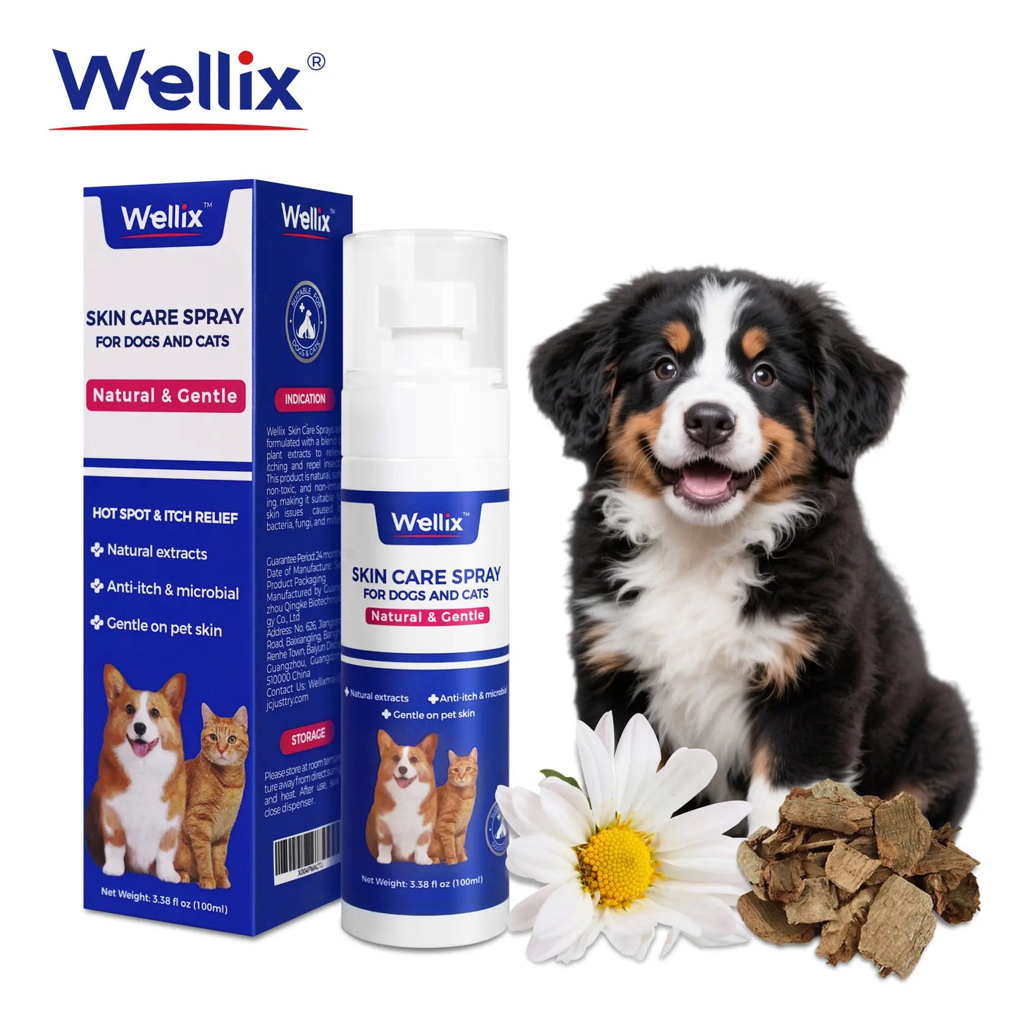 Wellix Spray para Puntos Calientes a Base de Plantas para Perros y Gatos, Cuidado para el Confort de la Piel, 80ml