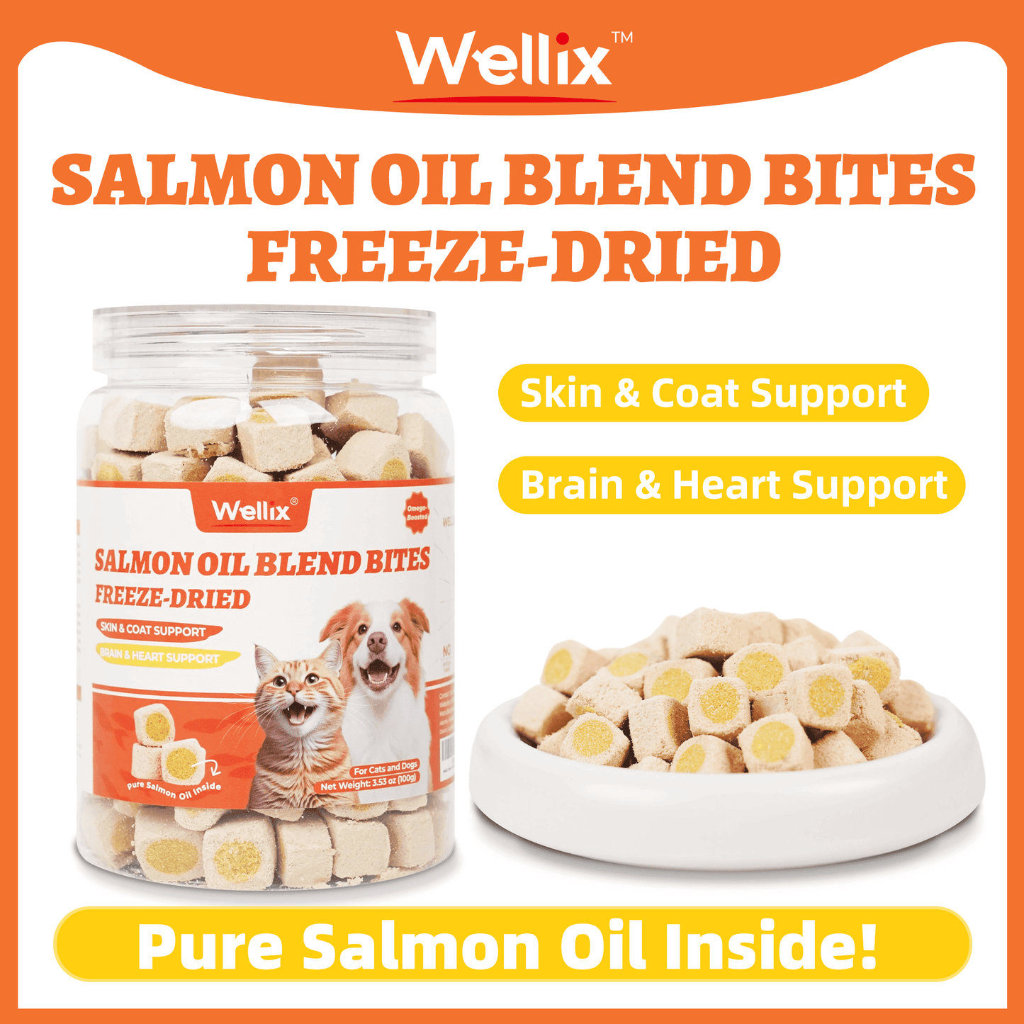 Wellix Salmon Oil Freeze Dried Treats for Cats&Dogs  Crunchy Healthy Treats Chicken&Fish Oil Flavor Freeze dried Cat Treats 3.53oz