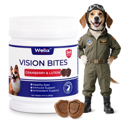 Masticables Wellix Dog Vision – 260 unidades con arándano rojo, luteína y taurina para el apoyo contra las manchas de lágrimas y la salud ocular