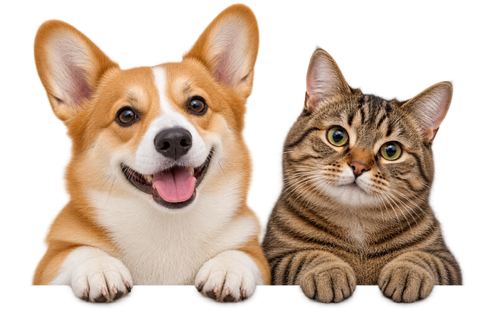 A cheerful corgi and tabby cat